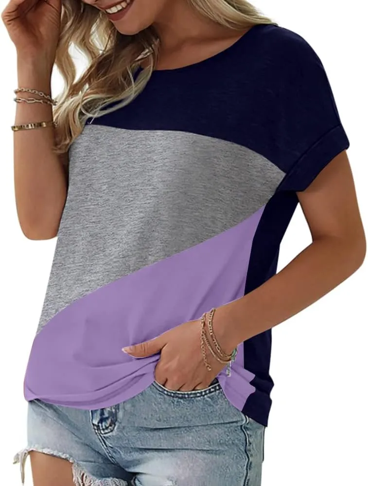 Womens Color Block Short Sleeve Tops Casual Summer T-Shirt