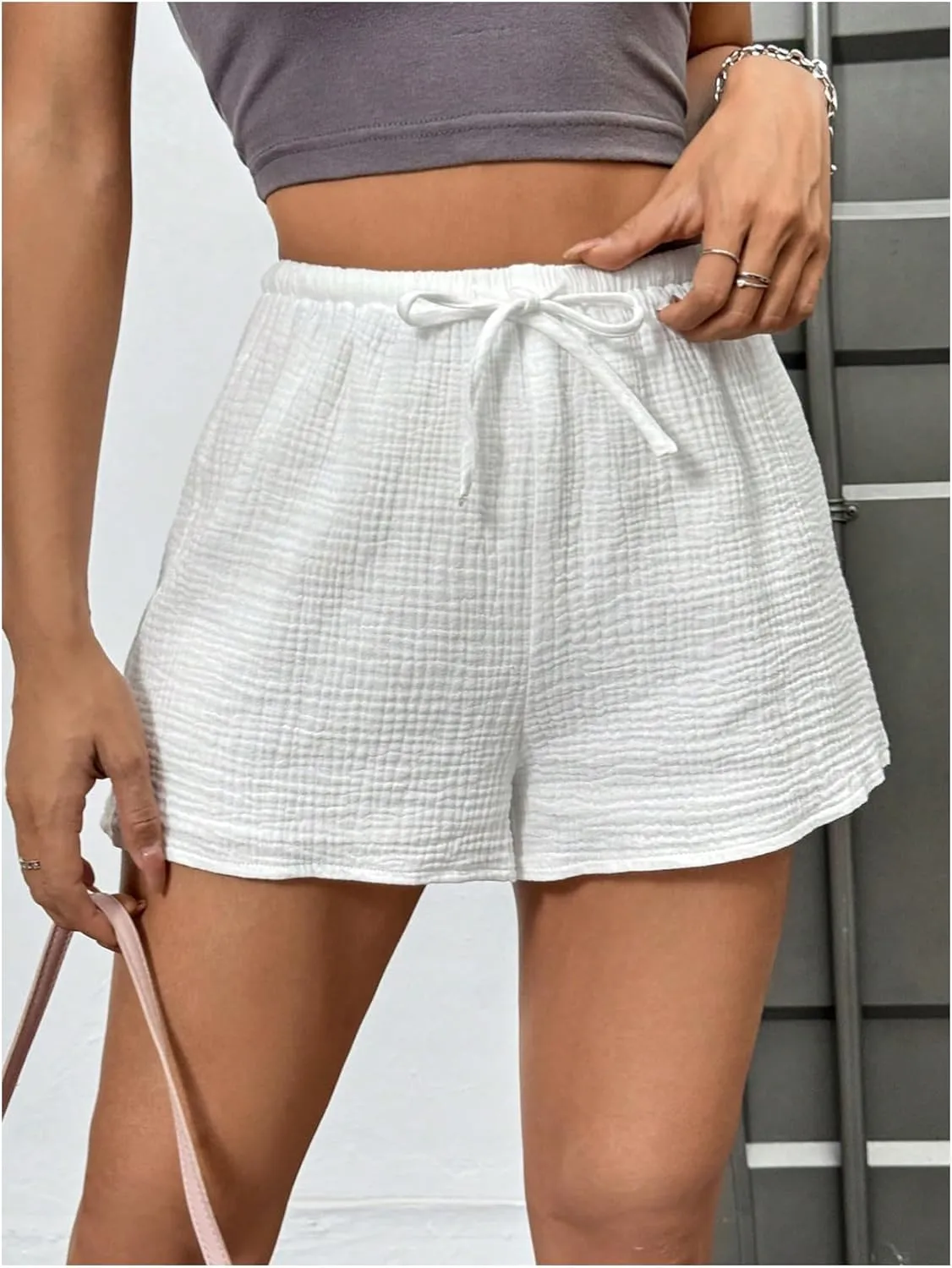 Women's Elastic High Waisted Track Shorts Casual Wide Leg Textured Drawstring Mini Shorts