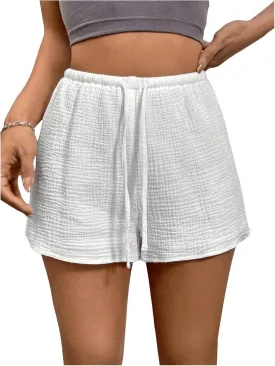 Women's Elastic High Waisted Track Shorts Casual Wide Leg Textured Drawstring Mini Shorts Women's Elastic High Waisted Track Shorts Casual Wide Leg Textured Drawstring Mini Shorts