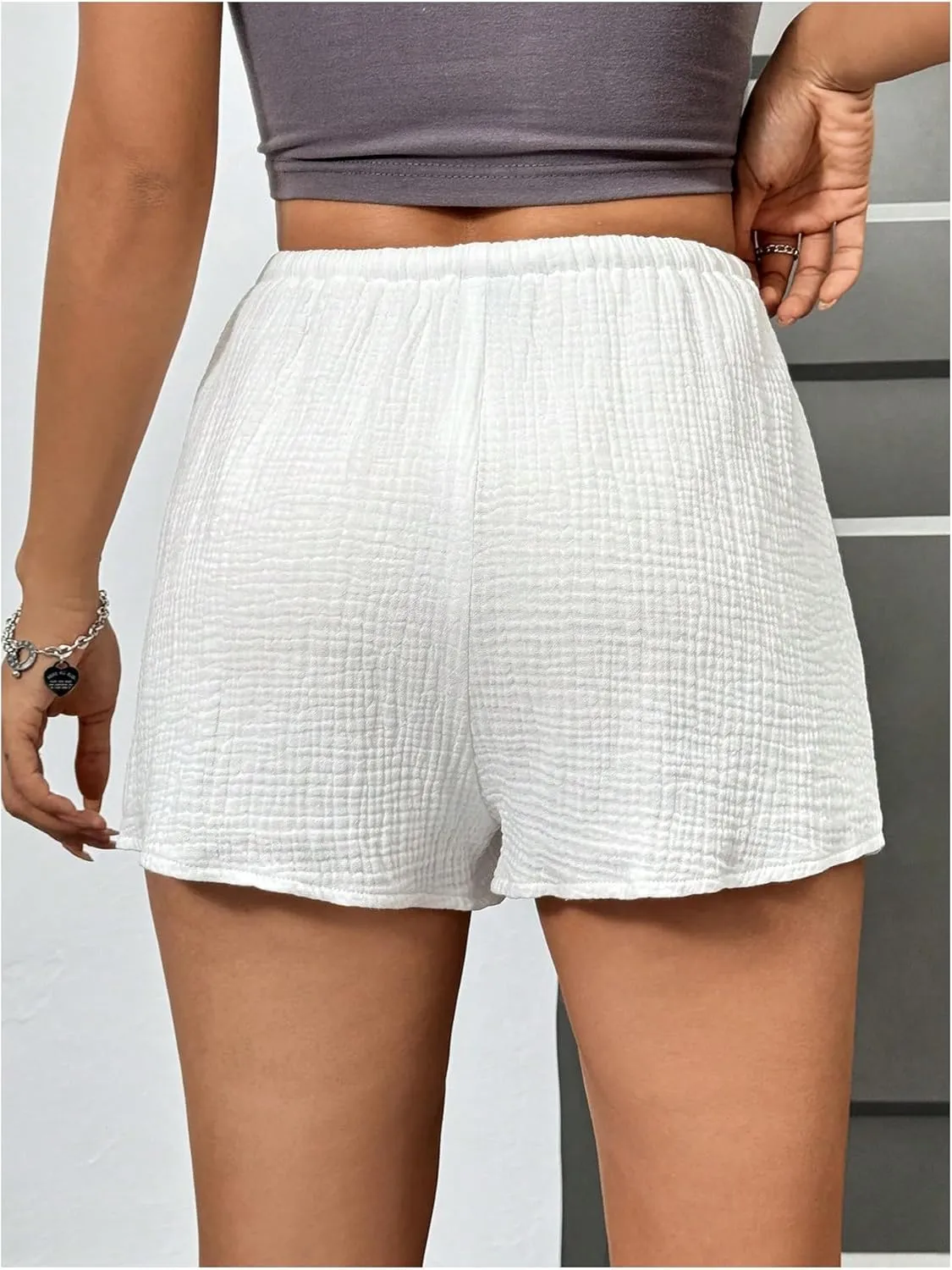 Women's Elastic High Waisted Track Shorts Casual Wide Leg Textured Drawstring Mini Shorts