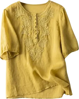 Women's Embroidered Blouse Cotton Linen Puff Short Sleeve Crew Neck Peasant Boho Top Casual Loose Button-Down T Shirts