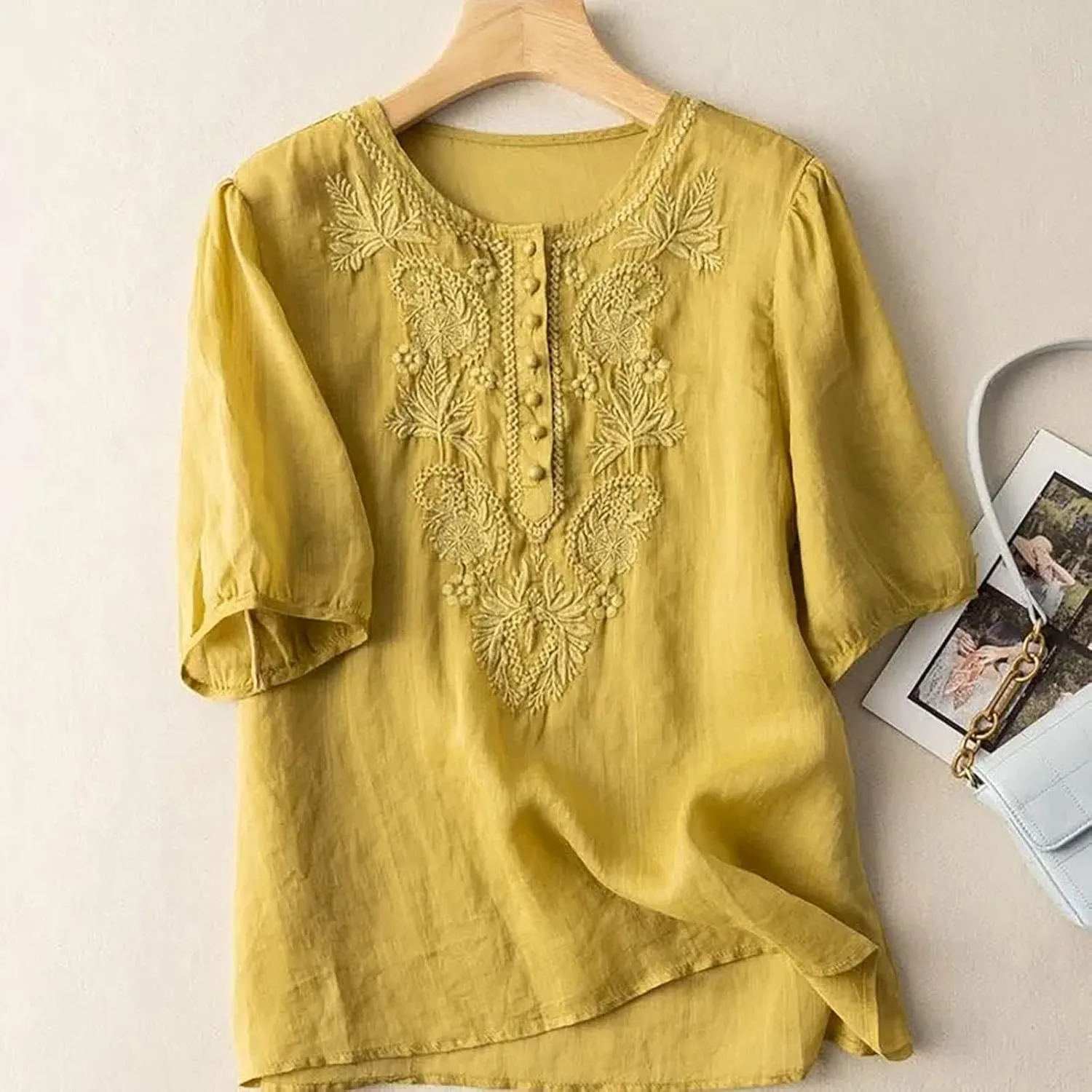Women's Embroidered Blouse Cotton Linen Puff Short Sleeve Crew Neck Peasant Boho Top Casual Loose Button-Down T Shirts
