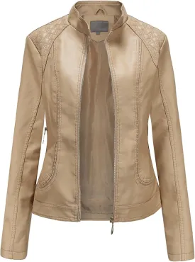 Women's Faux Leather Coat Plus Size Zipper Moto Biker Short Jacket Trendy Thin Slim Fit Cropped Suit Pleather Jacket