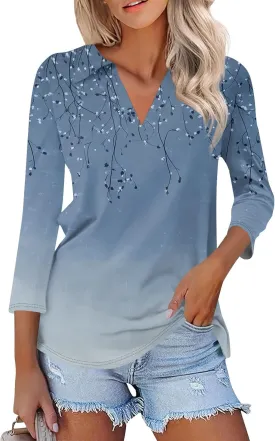 Women's Floral Embroidered V-Neck 3/4 Sleeve Casual Blouse Top Comfortable and Stylish for Everyday Wear