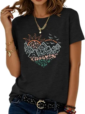 Women's Graphic T Shirt Summer Floral Print Casual Crew Neck Blouse Loose Fit Basic Tee Tops