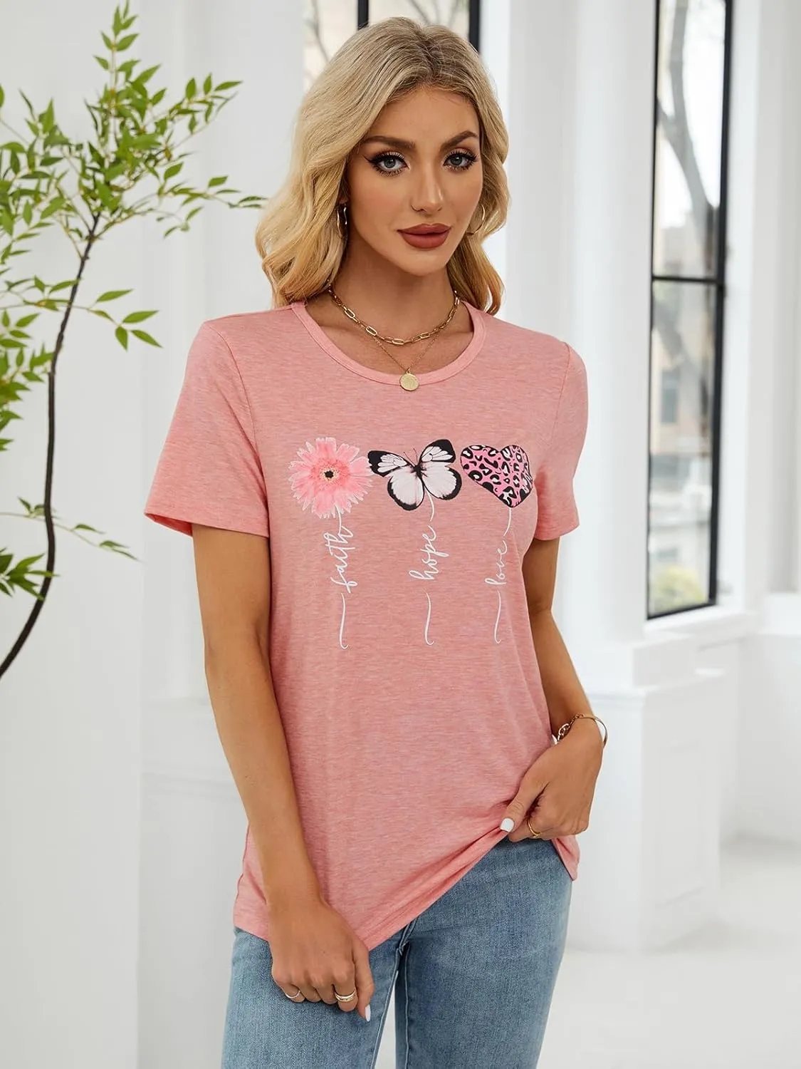 Women's Graphic T Shirt Summer Floral Print Casual Crew Neck Blouse Loose Fit Basic Tee Tops