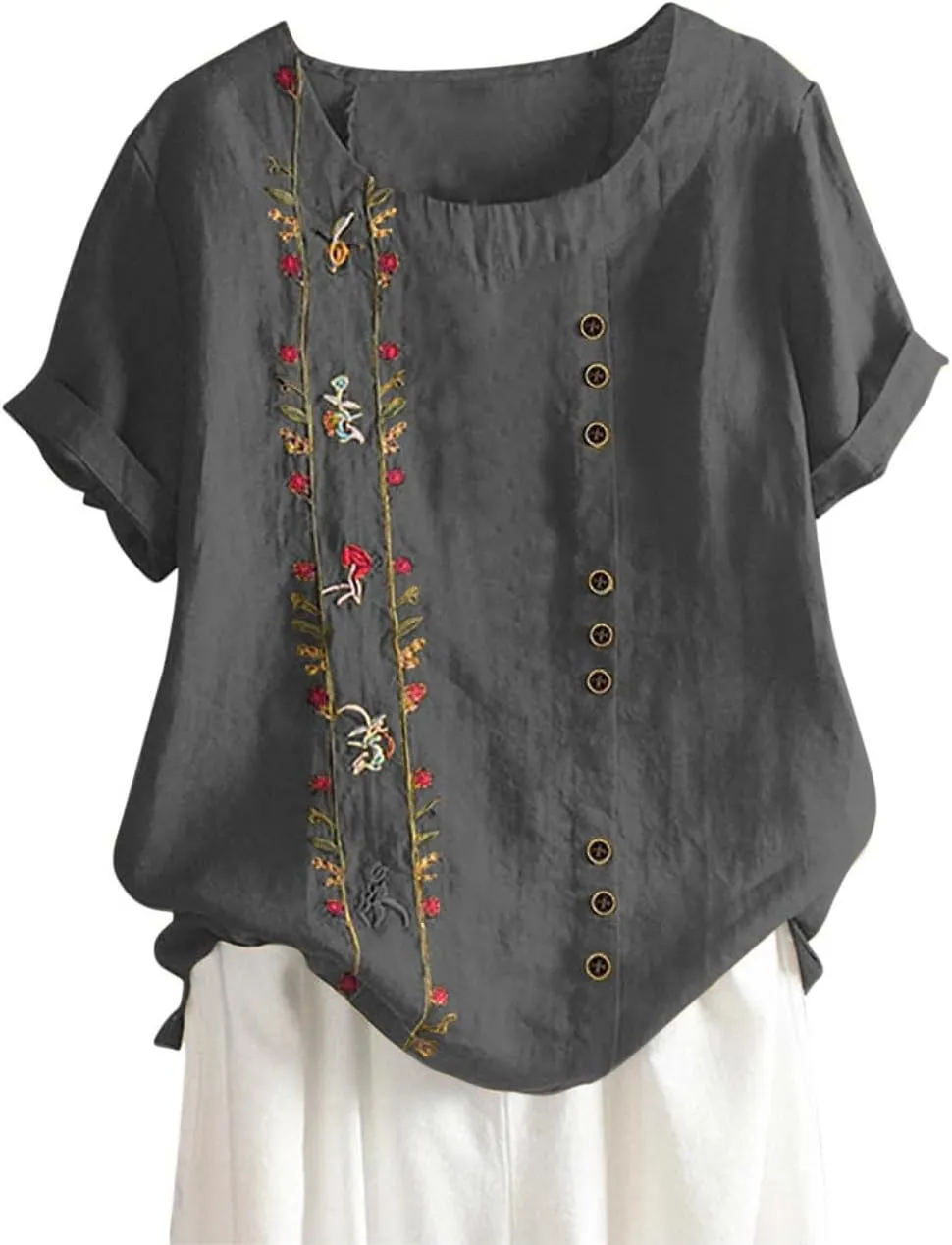 Women's Plus Size Cotton Linen Blouse Short Sleeve Embroidered Floral Print Shirts Casual Round Neck Button Tops Tunic