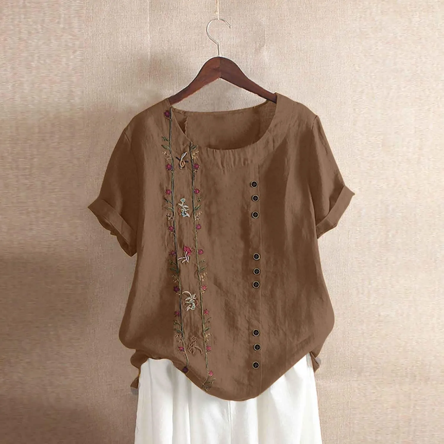 Women's Plus Size Cotton Linen Blouse Short Sleeve Embroidered Floral Print Shirts Casual Round Neck Button Tops Tunic
