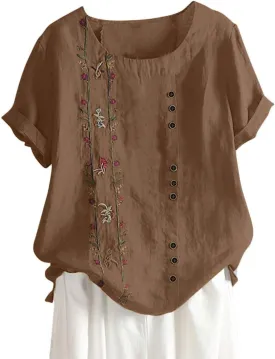 Women's Plus Size Cotton Linen Blouse Short Sleeve Embroidered Floral Print Shirts Casual Round Neck Button Tops Tunic