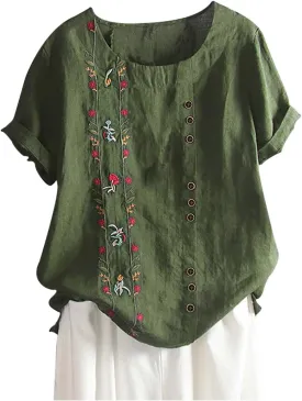 Women's Plus Size Cotton Linen Blouse Short Sleeve Embroidered Floral Print Shirts Casual Round Neck Button Tops Tunic
