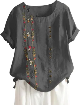Women's Plus Size Cotton Linen Blouse Short Sleeve Embroidered Floral Print Shirts Casual Round Neck Button Tops Tunic