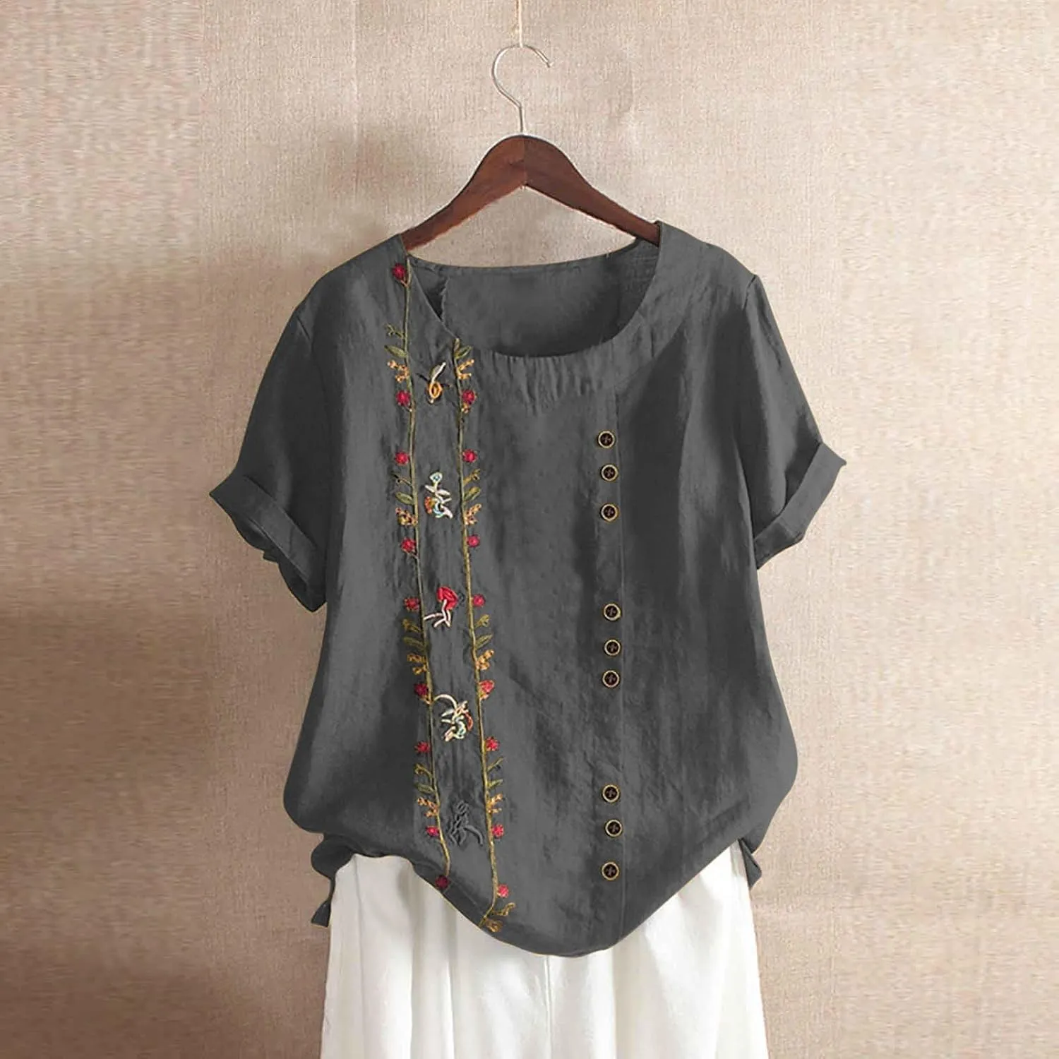 Women's Plus Size Cotton Linen Blouse Short Sleeve Embroidered Floral Print Shirts Casual Round Neck Button Tops Tunic