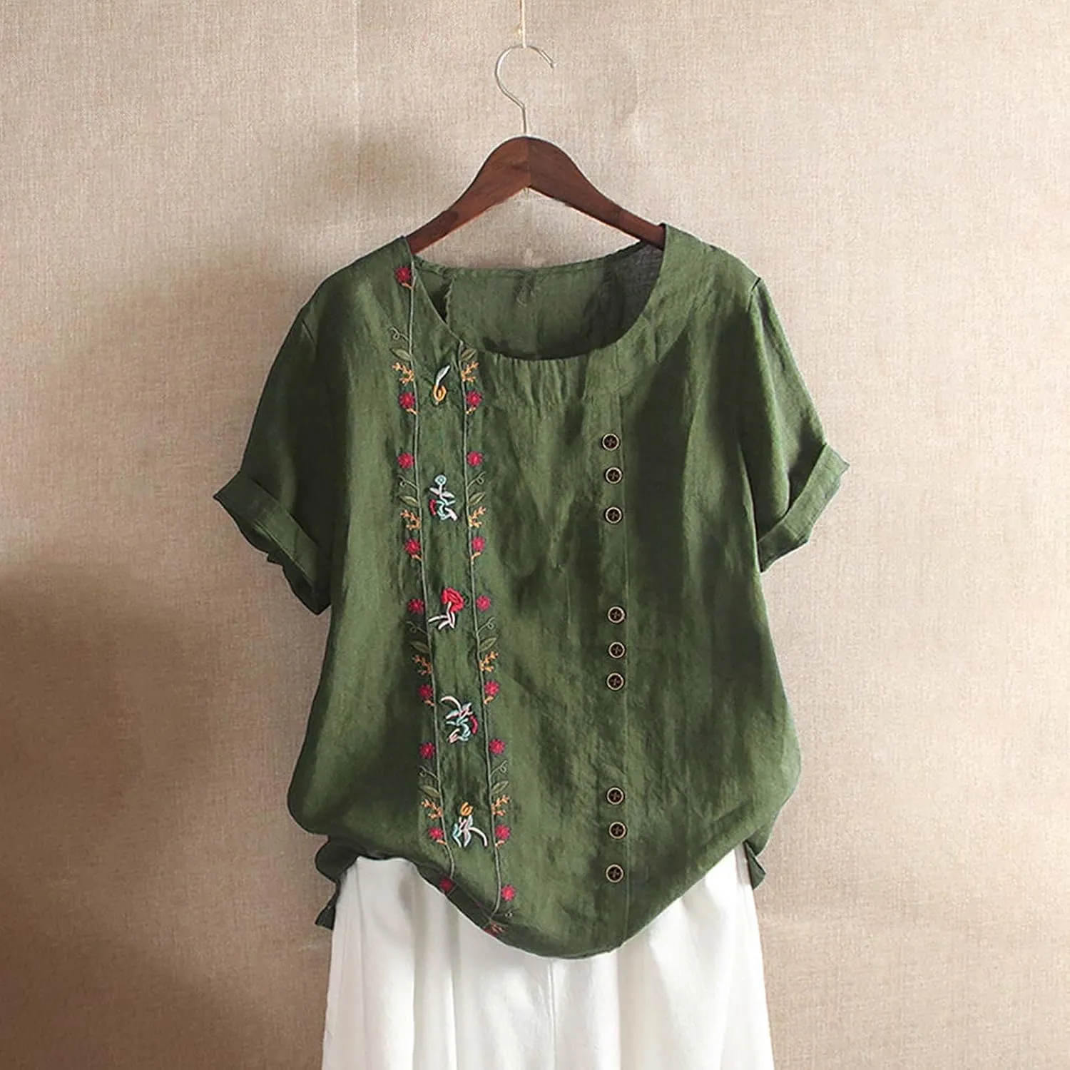 Women's Plus Size Cotton Linen Blouse Short Sleeve Embroidered Floral Print Shirts Casual Round Neck Button Tops Tunic