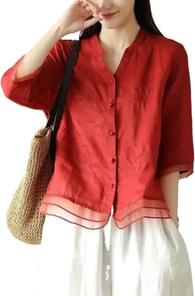 Womens Vintage Cotton Linen Shirt,Open Front Embroidered Blouse