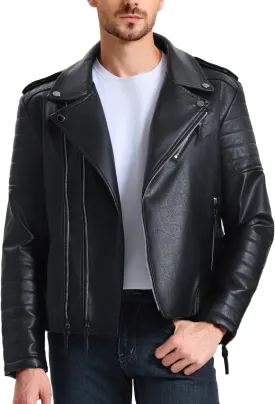 WULFUL Men's Leather Jackets, Faux Bomber Jacket for Men Motorcycle Lapel Asymmetric Zip-Up Slim Fit Biker Coat