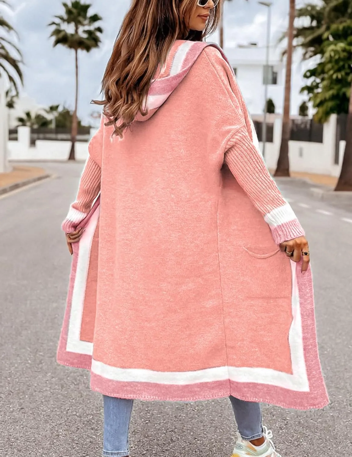 Yimoon Womens Long Cardigan Sweater Color Block Open Front Hooded Cardigan Oversized Knit Sweater Outwear