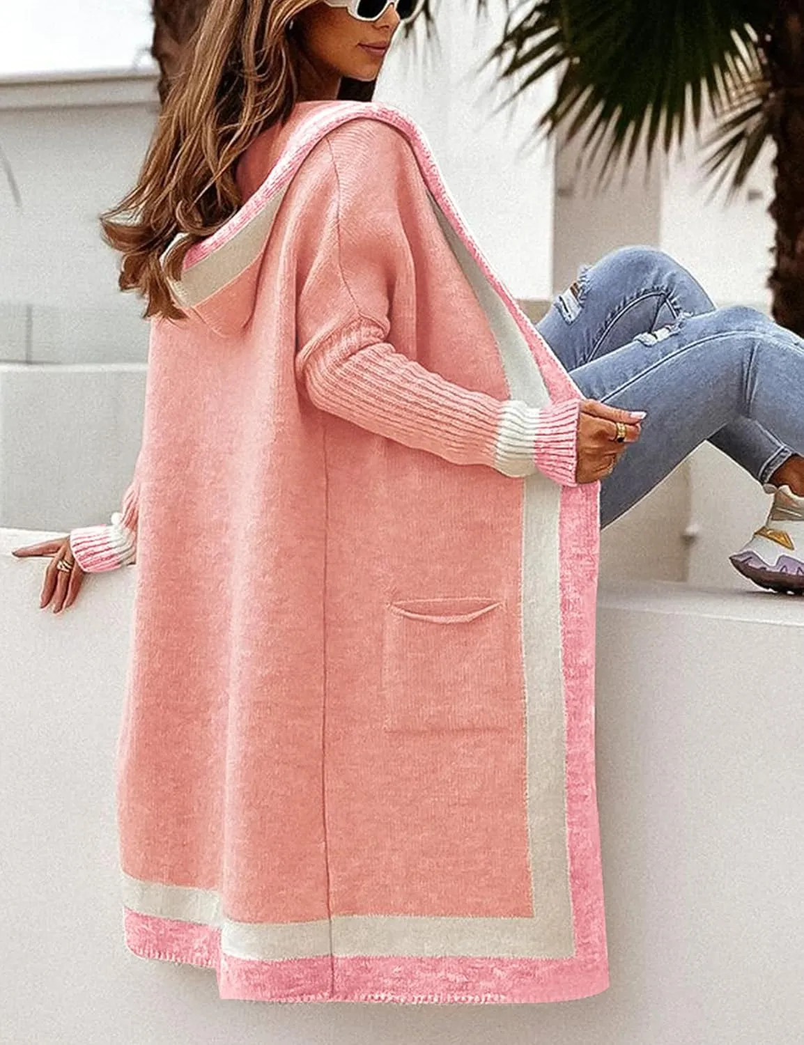Yimoon Womens Long Cardigan Sweater Color Block Open Front Hooded Cardigan Oversized Knit Sweater Outwear