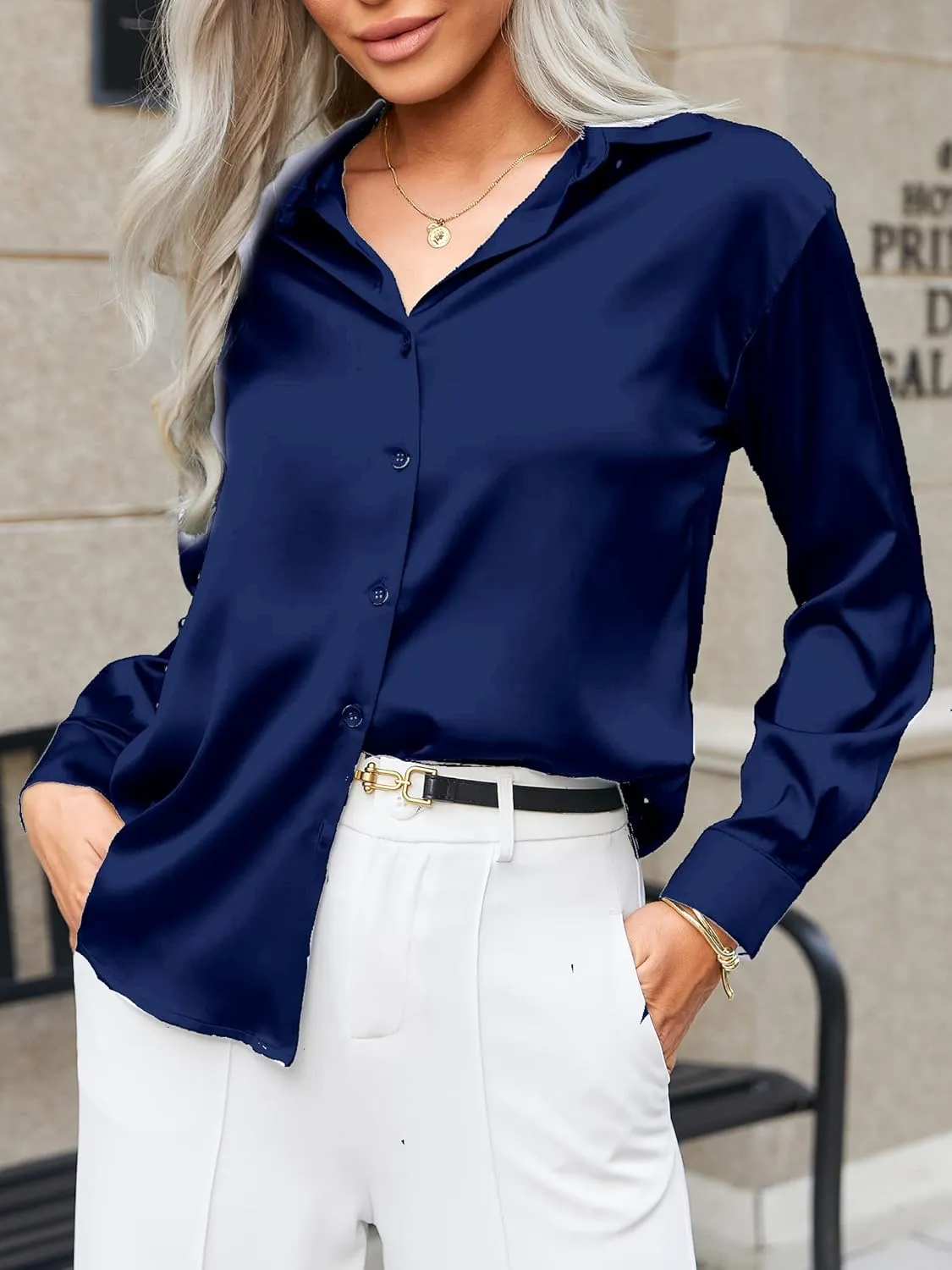 Zeagoo Women Satin Button Down Shirt Long Sleeve Tops Silk Blouse V Neck Dressy Casual Loose Work Office Blouse Tunic Fall