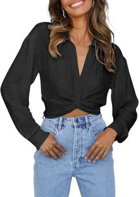 Zeagoo Women's Long Sleeve Crop Blouse Casual Button Shirts V Neck Twist Hem Top Blouse