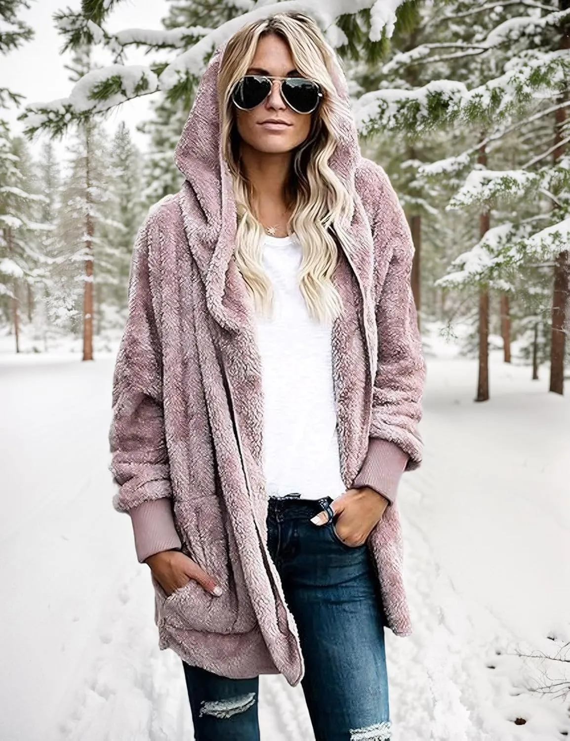 Zilcremo Women Hooded Cardigan Fuzzy Jacket Winter Open Front Fleece Coat Outwear with Pockets
