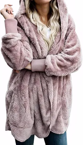 Zilcremo Women Hooded Cardigan Fuzzy Jacket Winter Open Front Fleece Coat Outwear with Pockets Zilcremo Women Hooded Cardigan Fuzzy Jacket Winter Open Front Fleece Coat Outwear with Pockets