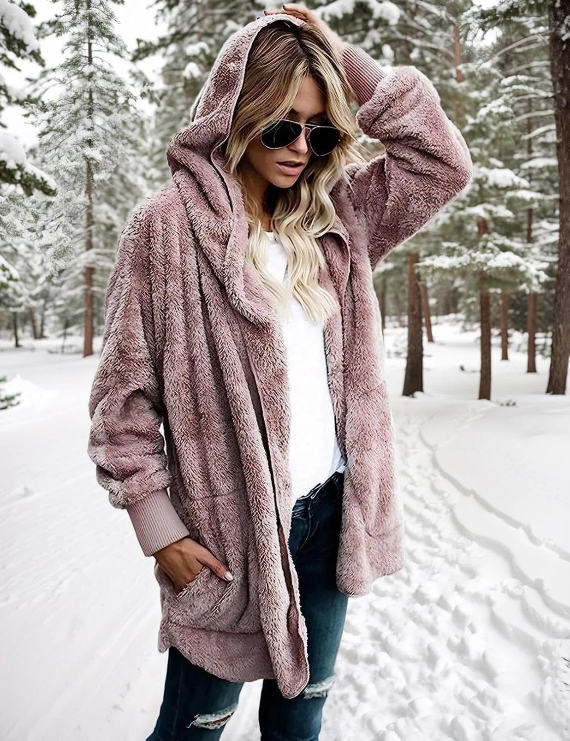 Zilcremo Women Hooded Cardigan Fuzzy Jacket Winter Open Front Fleece Coat Outwear with Pockets
